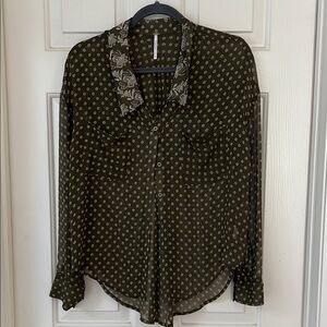 Olive Green Sheer Button-Up Blouse